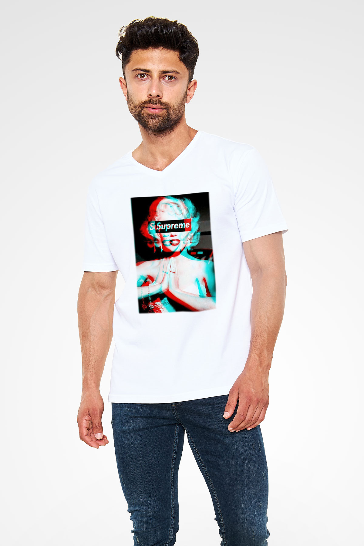 Marilyn Monroe Beyaz Unisex V Yaka Tişört T-Shirt