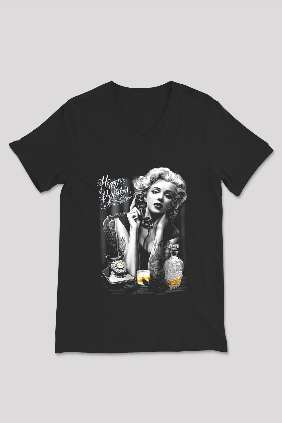 Marilyn Monroe Siyah Unisex V Yaka Tişört T-Shirt