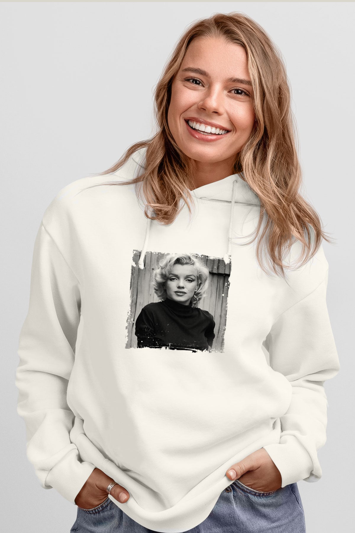 Marilyn Monroe Unisex Baskılı Beyaz Kapüşonlu Sweatshirt