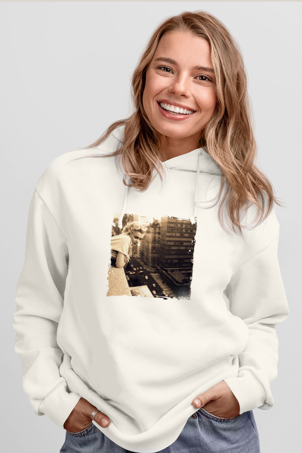 Marilyn Monroe Unisex Baskılı Beyaz Kapüşonlu Sweatshirt
