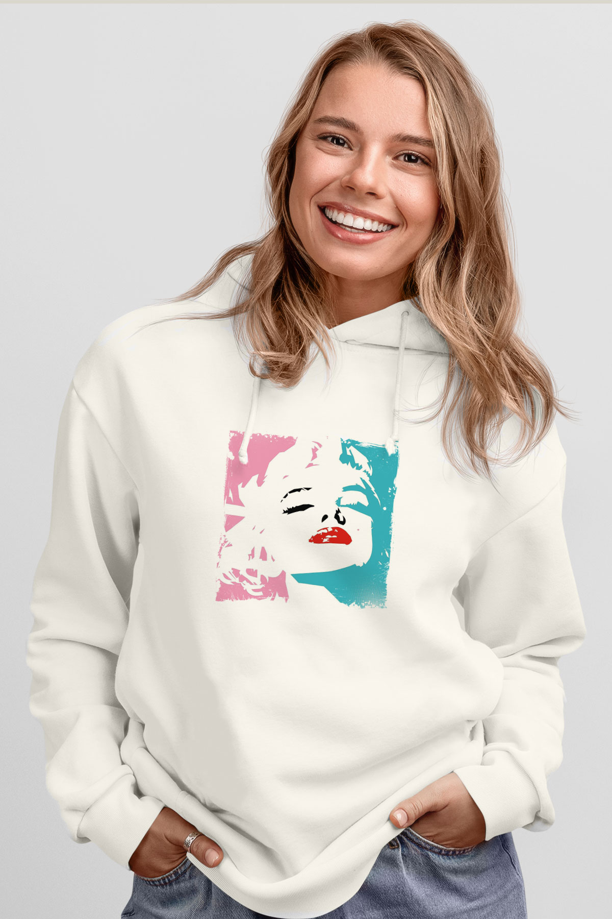 Marilyn Monroe Unisex Baskılı Beyaz Kapüşonlu Sweatshirt
