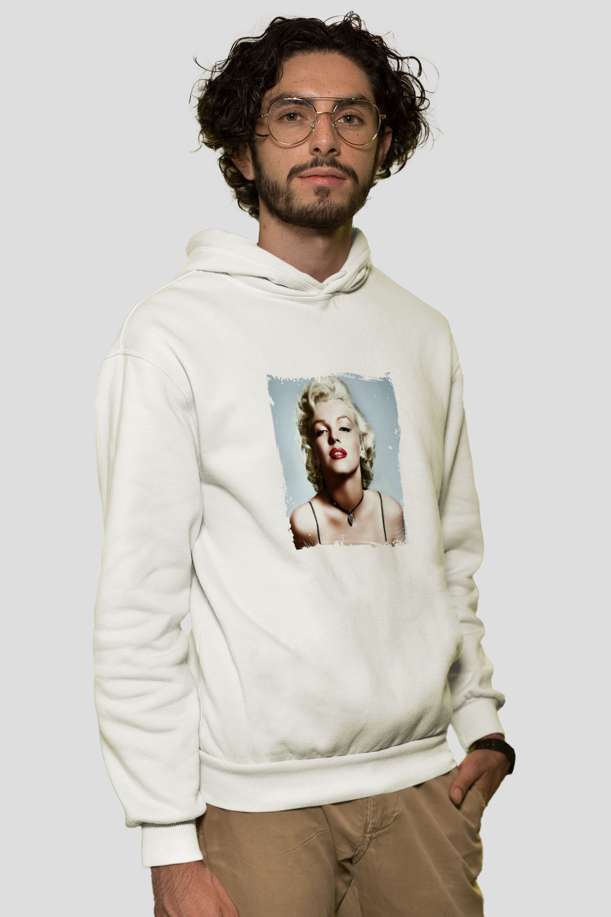 Marilyn Monroe Unisex Baskılı Beyaz Kapüşonlu Sweatshirt