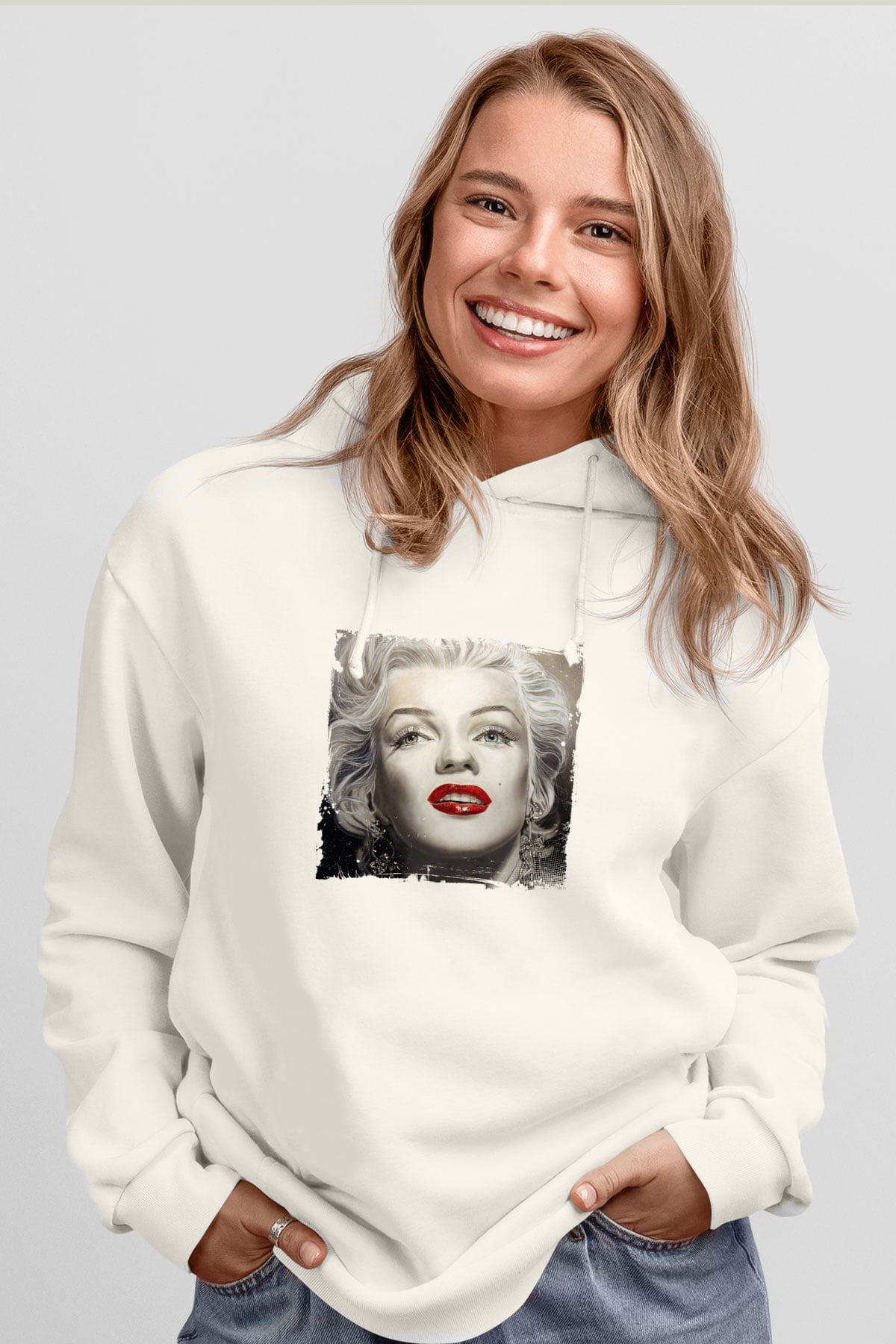 Marilyn Monroe Unisex Baskılı Beyaz Kapüşonlu Sweatshirt
