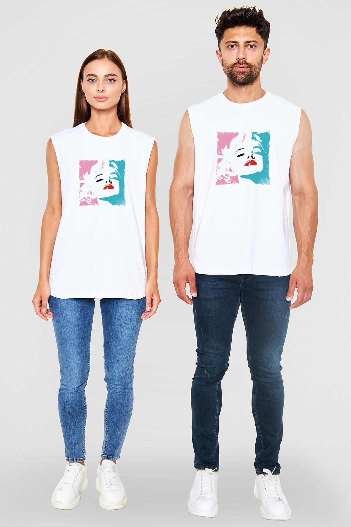 Marilyn Monroe Unisex Baskılı Beyaz Kolsuz Tişört