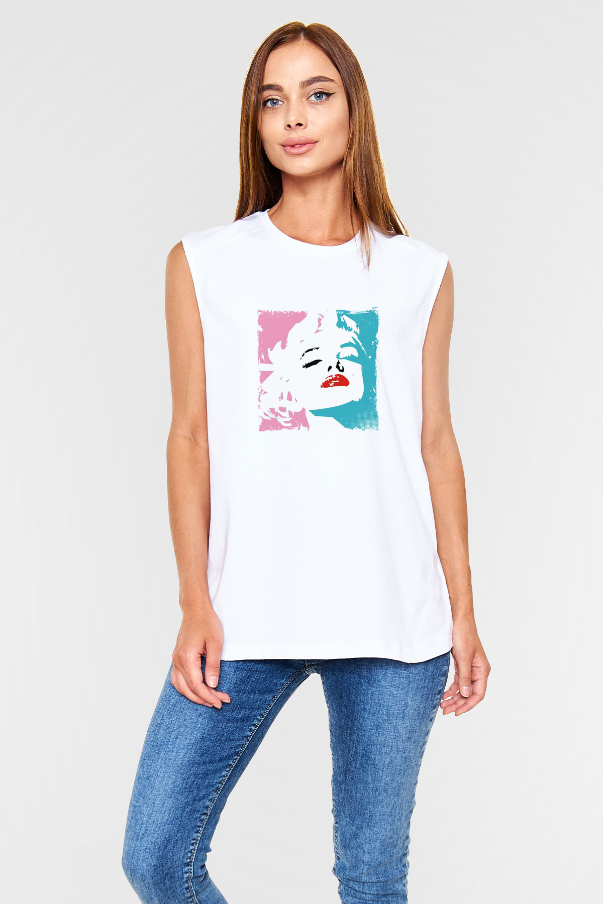 Marilyn Monroe Unisex Baskılı Beyaz Kolsuz Tişört