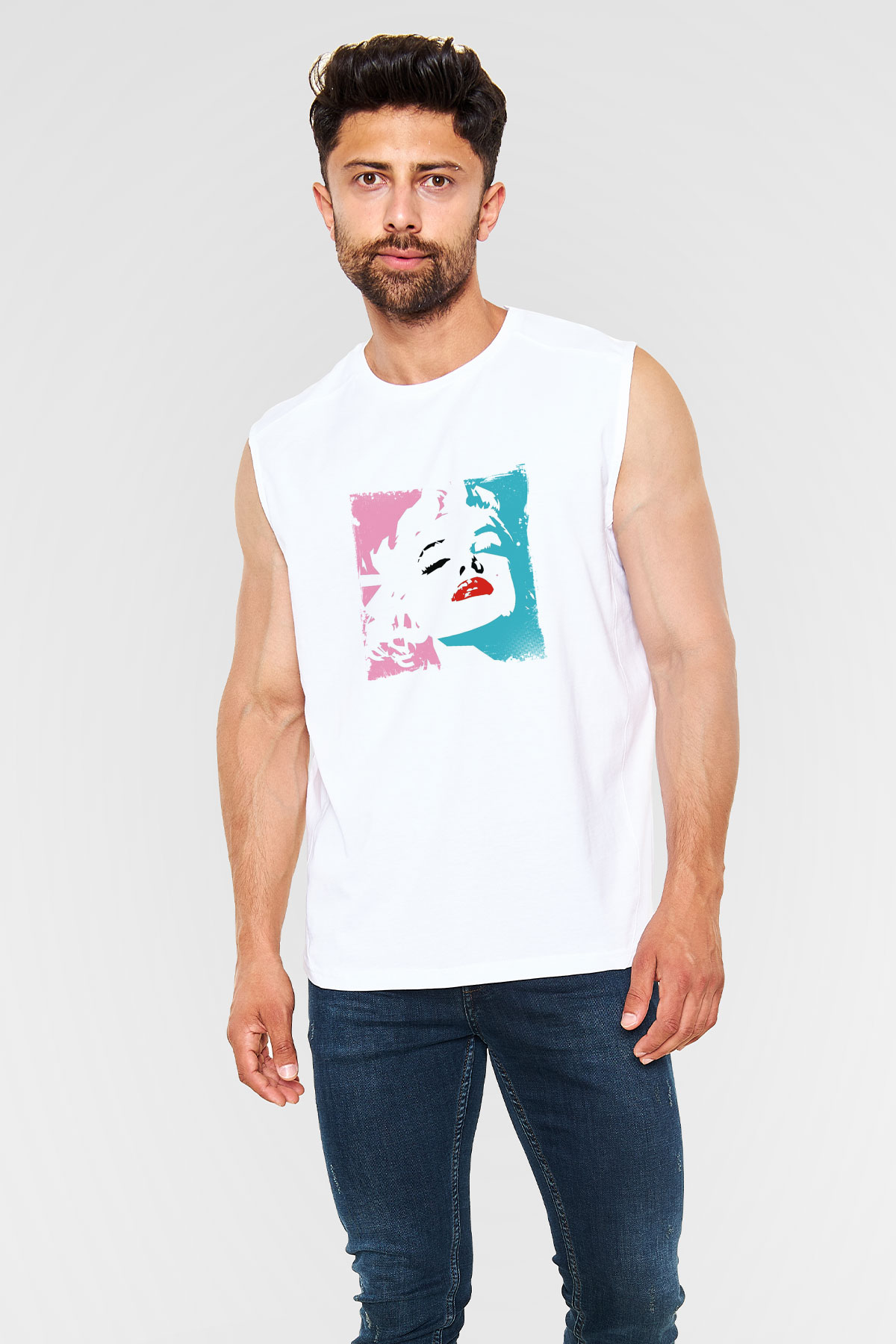 Marilyn Monroe Unisex Baskılı Beyaz Kolsuz Tişört