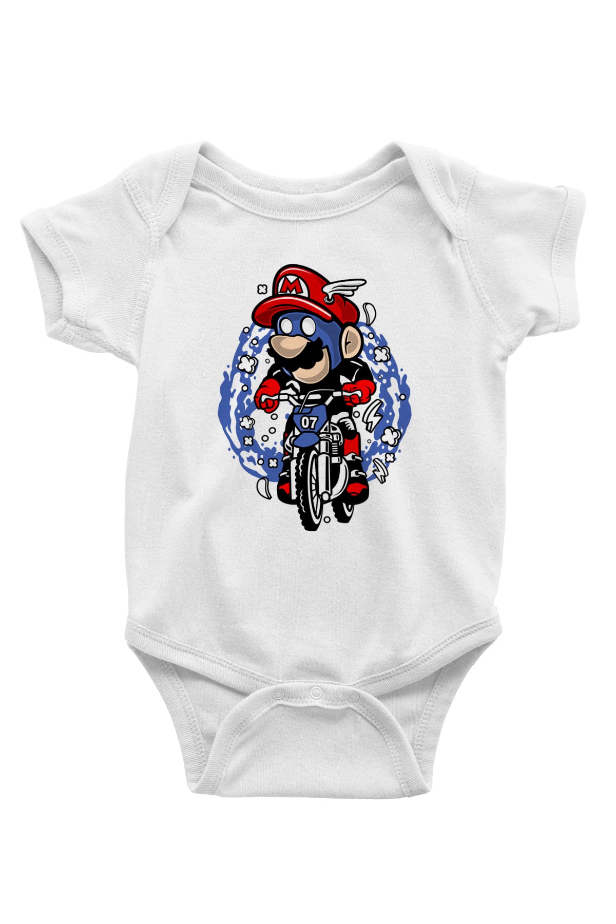 Mario Biker Baskılı Beyaz Unisex Bebek Body - Zıbın