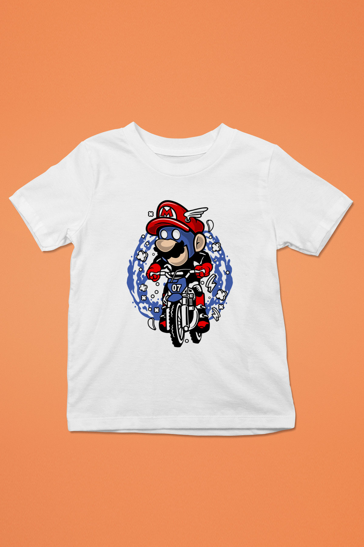 Mario Biker Baskılı Beyaz Unisex Çocuk Tişört