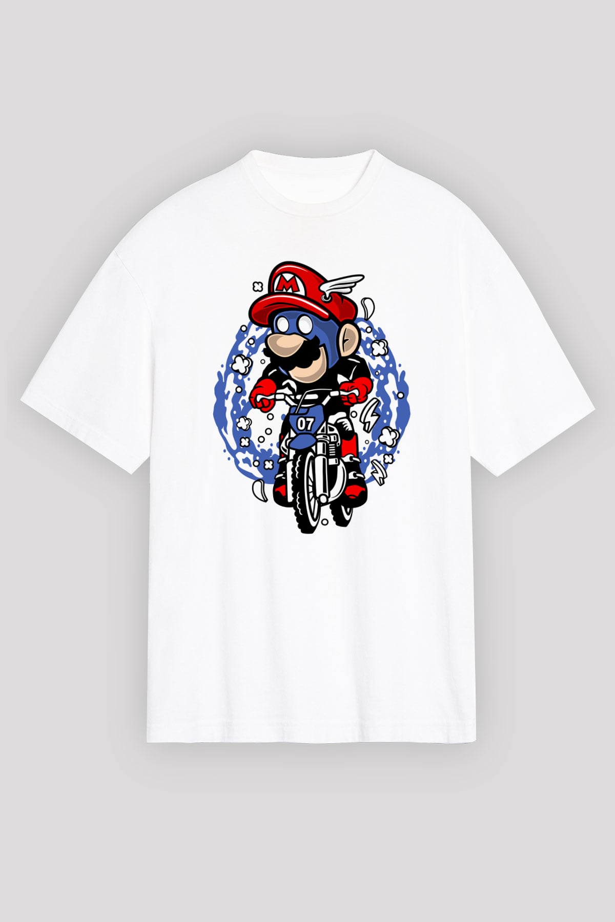 Mario Biker Baskılı Beyaz Unisex Oversize Tişört