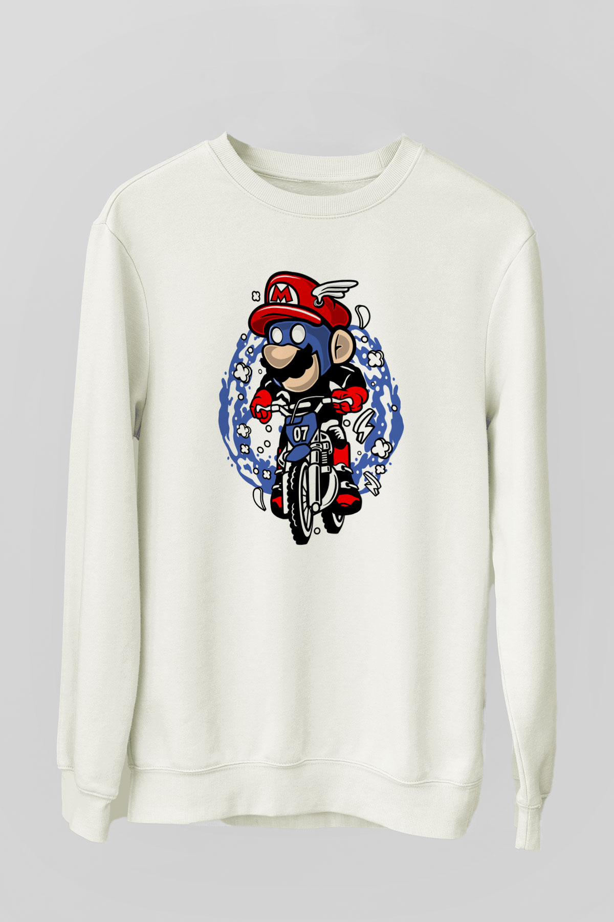 Mario Biker Baskılı Beyaz Unisex Sweatshirt