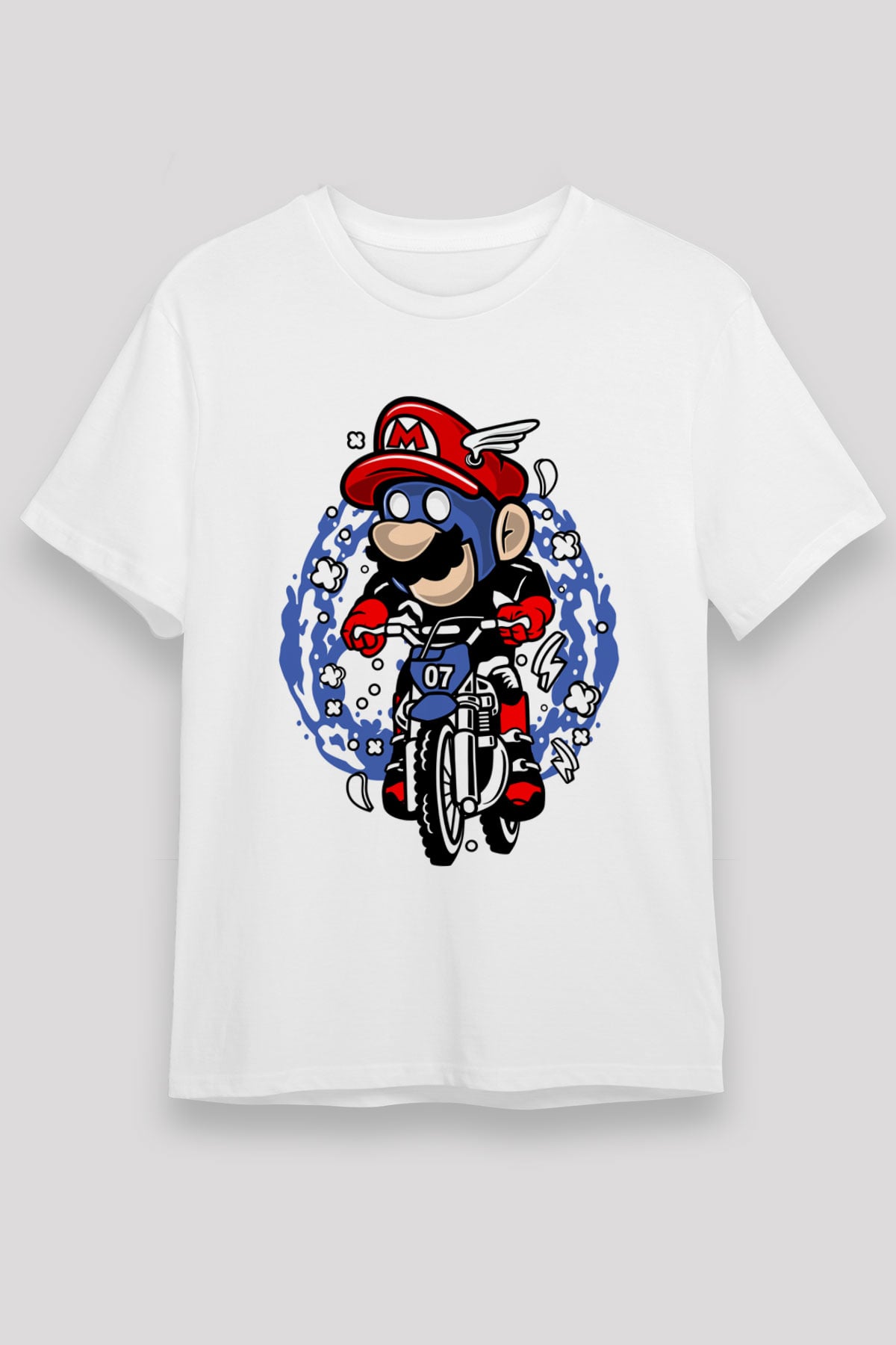 Mario Biker Baskılı Beyaz Unisex Tişört