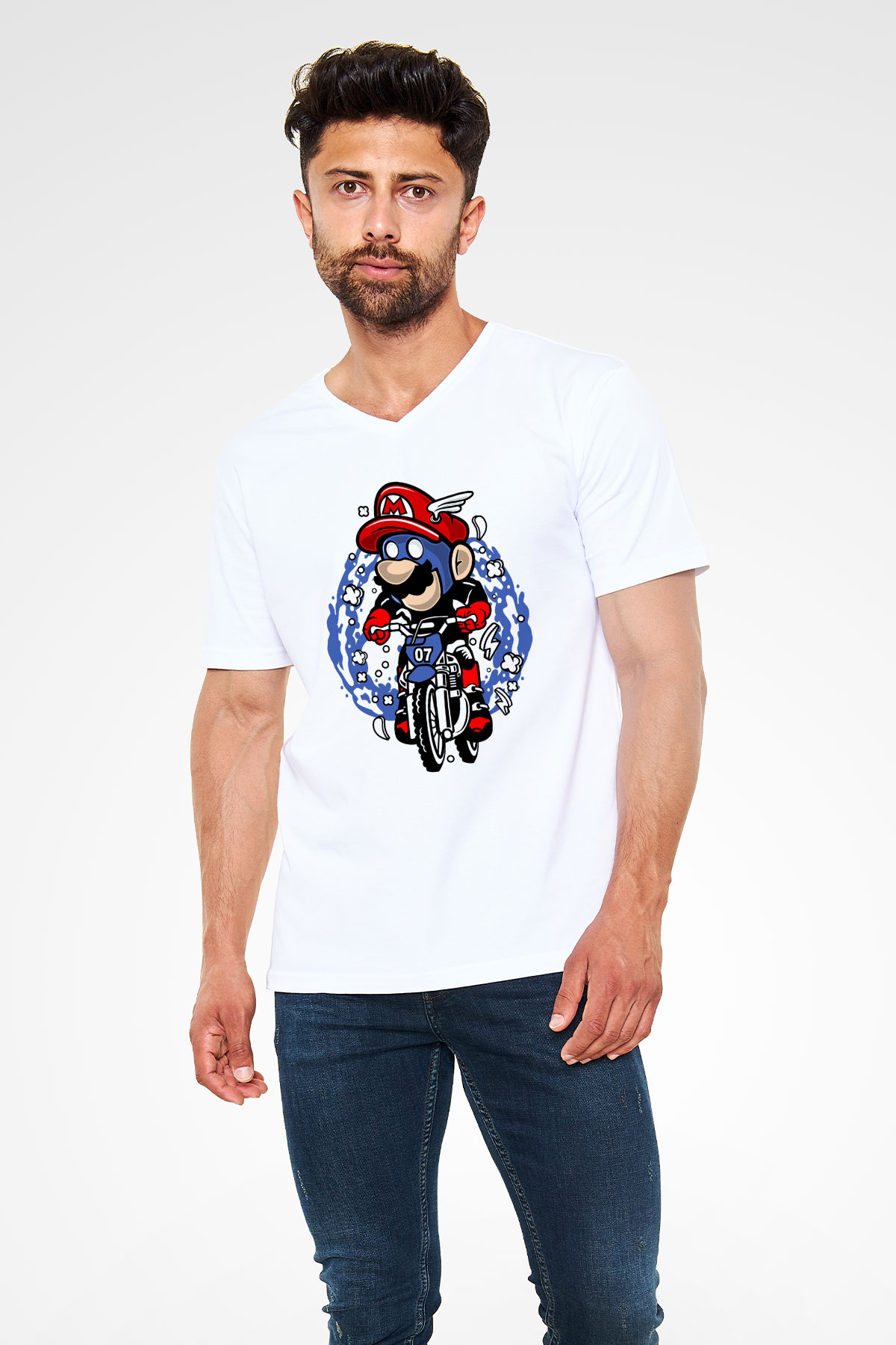 Mario Biker Baskılı Beyaz Unisex V Yaka Tişört