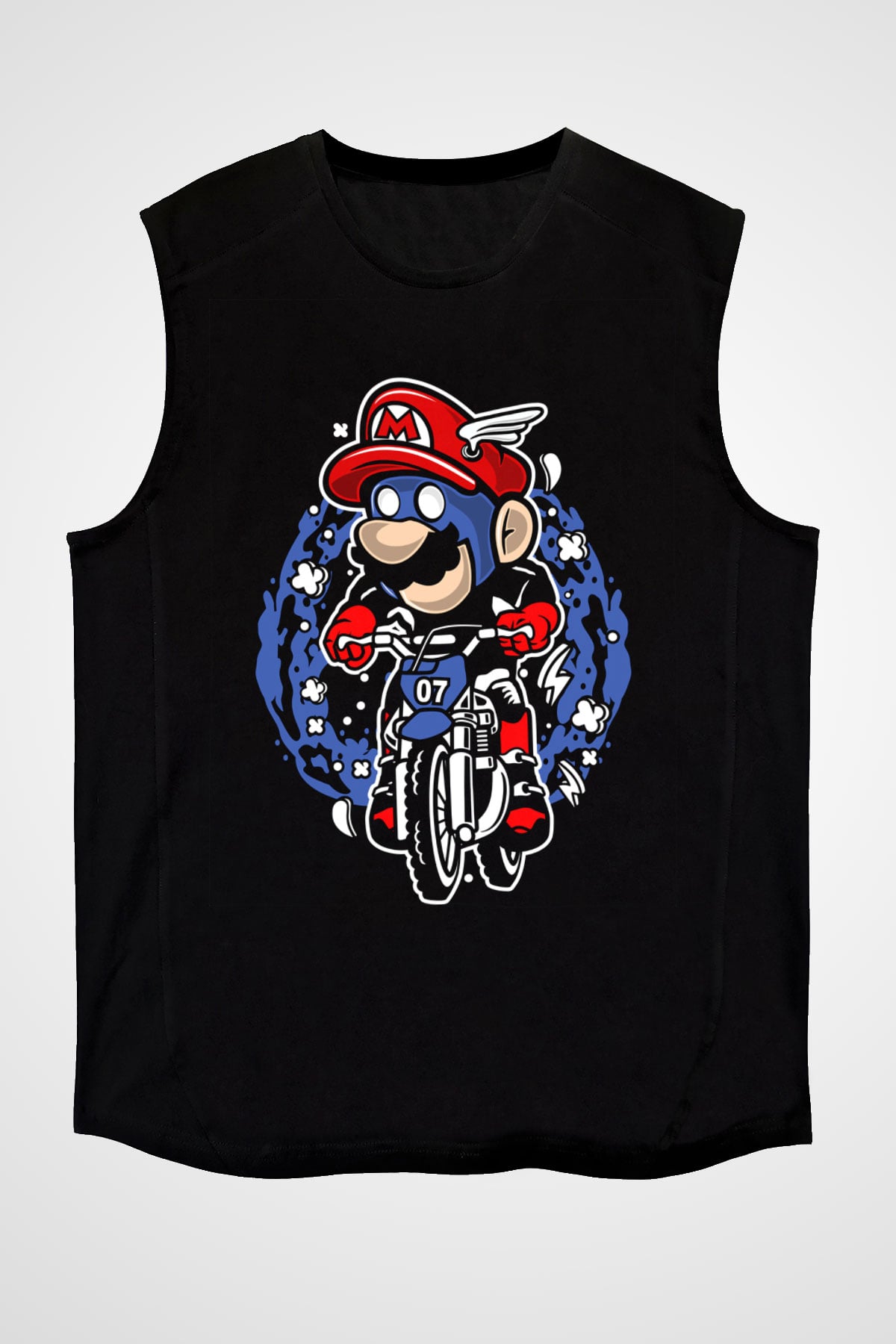 Mario Biker Baskılı Siyah Unisex Kolsuz Tişört