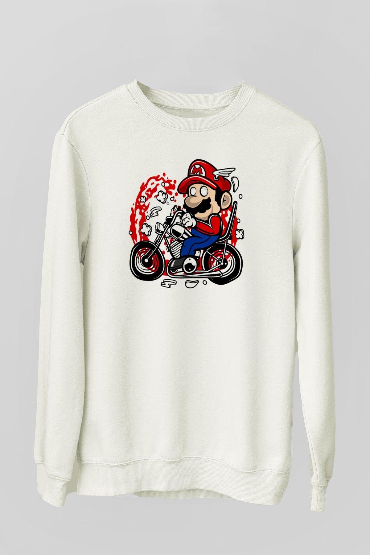Mario Chopper Rider Beyaz Unisex Sweatshirt