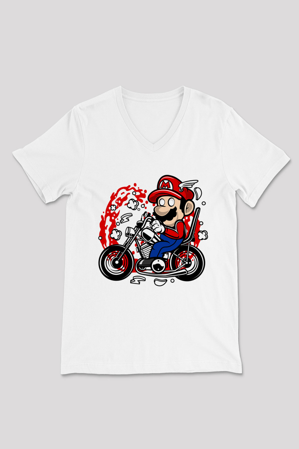 Mario Chopper Rider Beyaz Unisex V Yaka Tişört