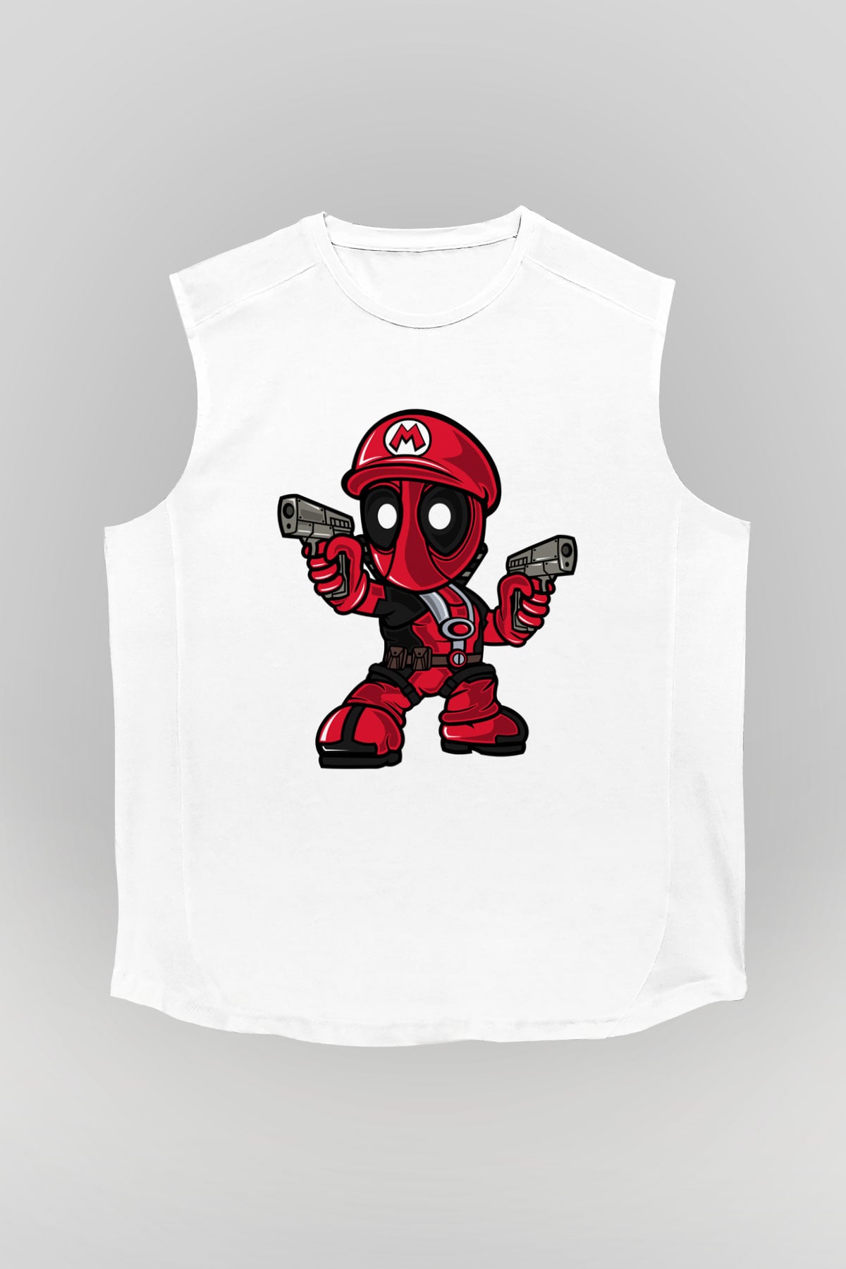 Mario Deadpool Baskılı Beyaz Unisex Kolsuz Tişört