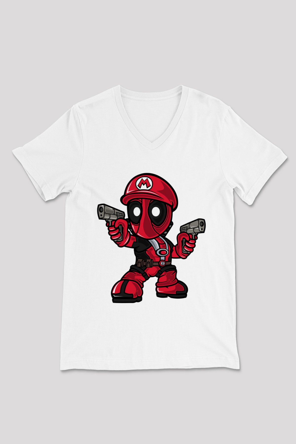 Mario Deadpool Baskılı Beyaz Unisex V Yaka Tişört