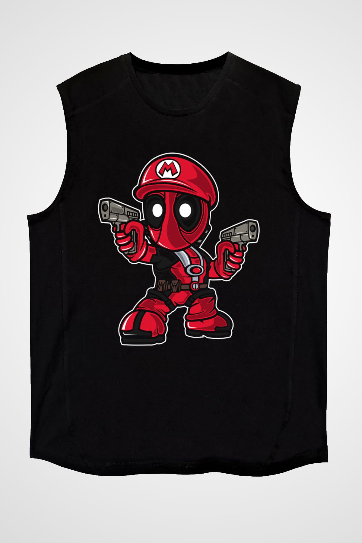 Mario Deadpool Baskılı Siyah Unisex Kolsuz Tişört