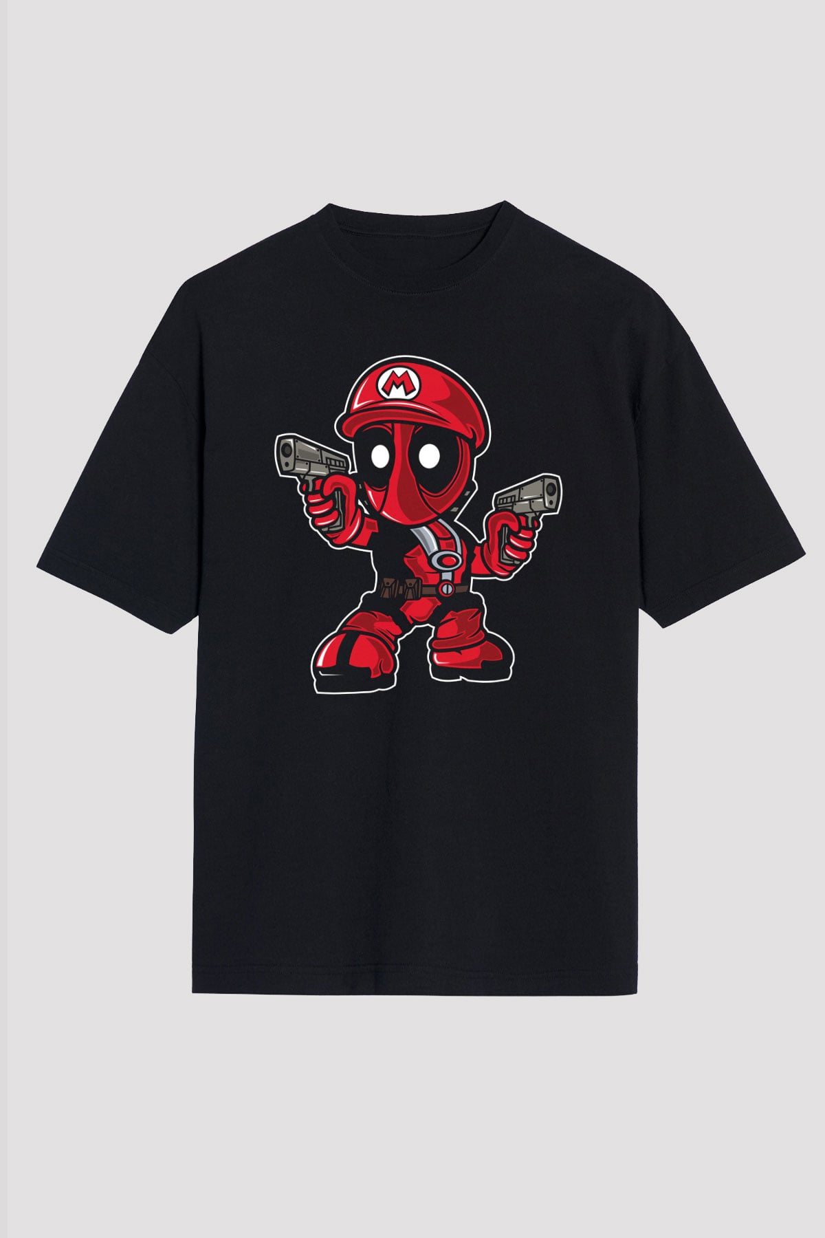 Mario Deadpool Baskılı Siyah Unisex Oversize Tişört