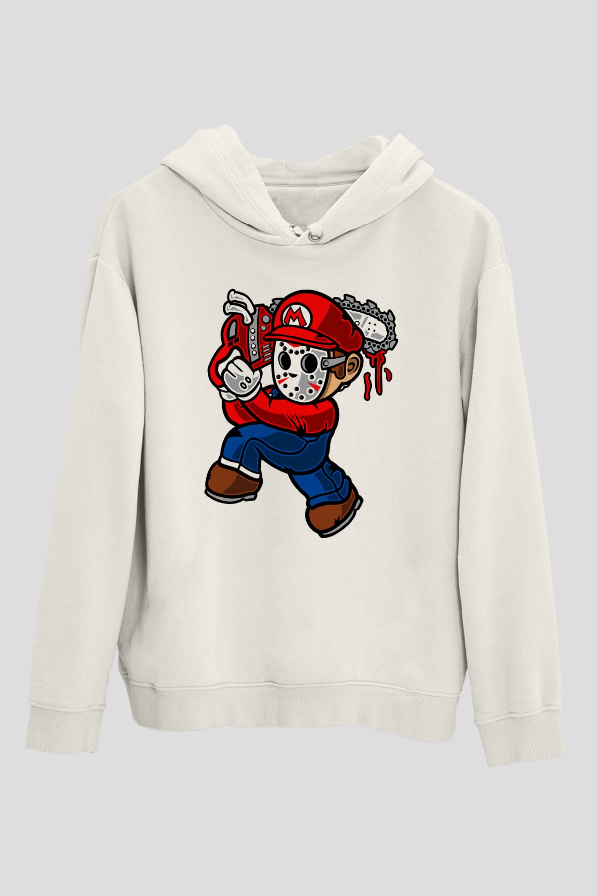 Mario Massacre Baskılı Beyaz Unisex Hoodie