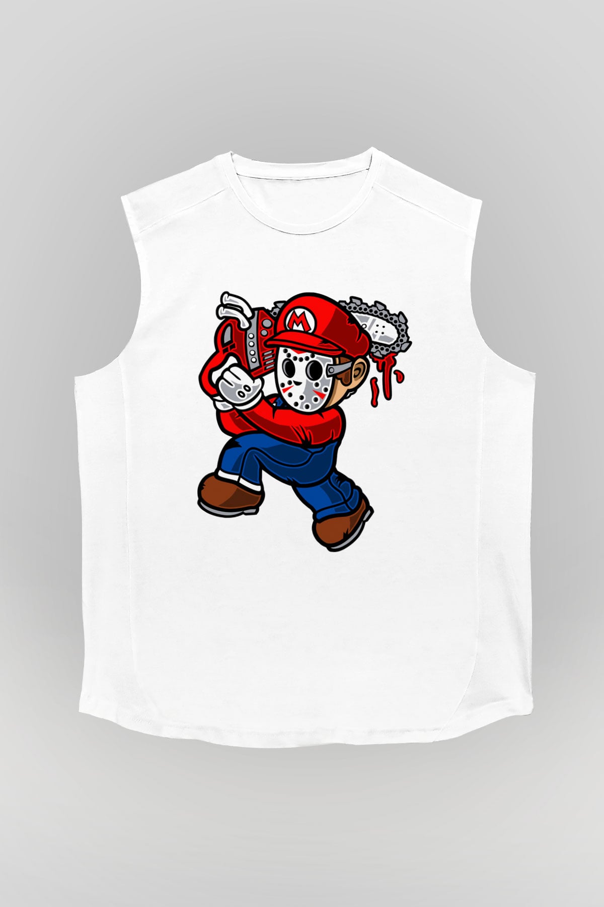 Mario Massacre Baskılı Beyaz Unisex Kolsuz Tişört