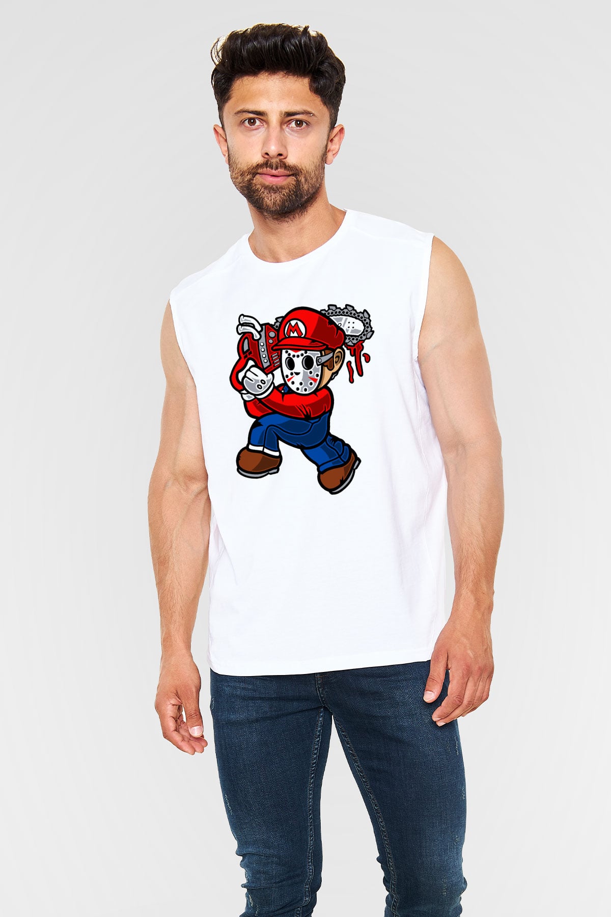 Mario Massacre Baskılı Beyaz Unisex Kolsuz Tişört