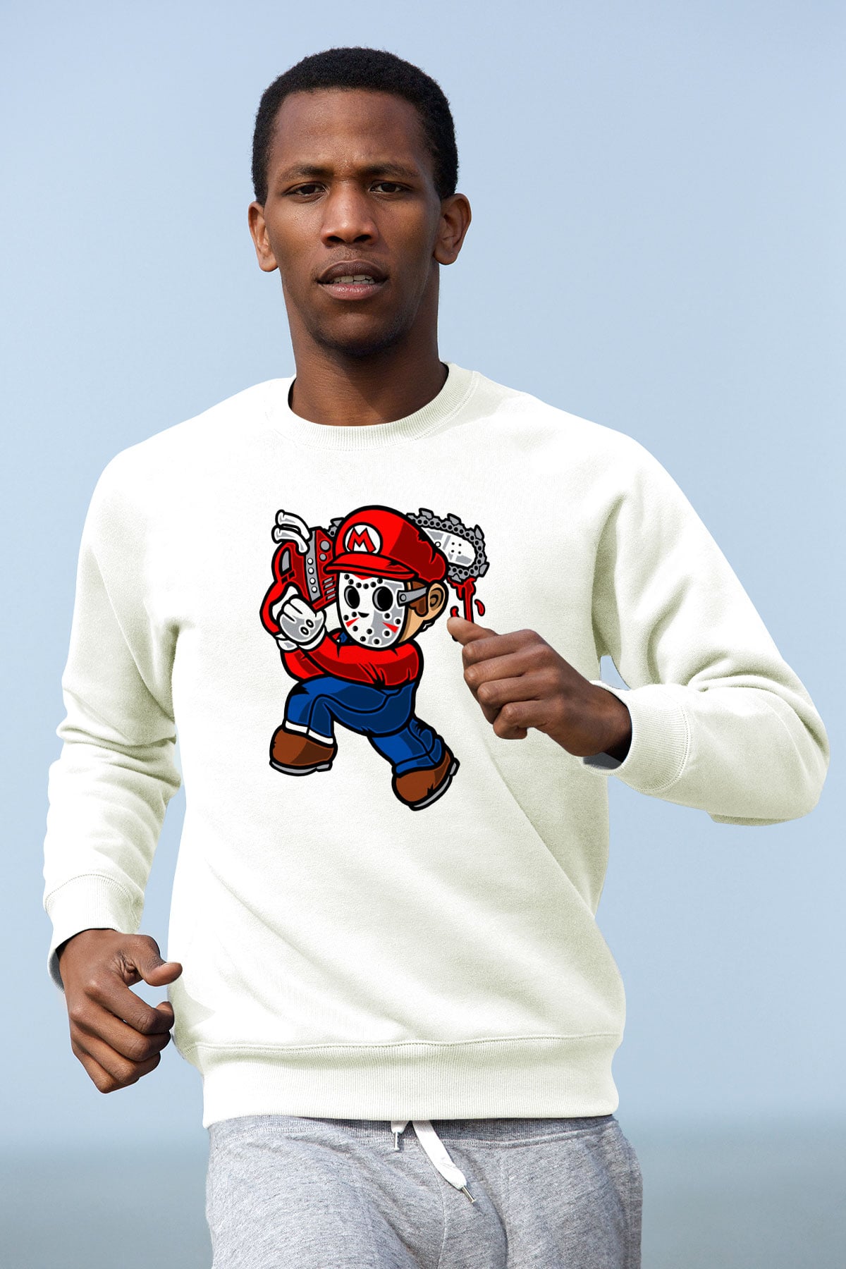 Mario Massacre Baskılı Beyaz Unisex Sweatshirt
