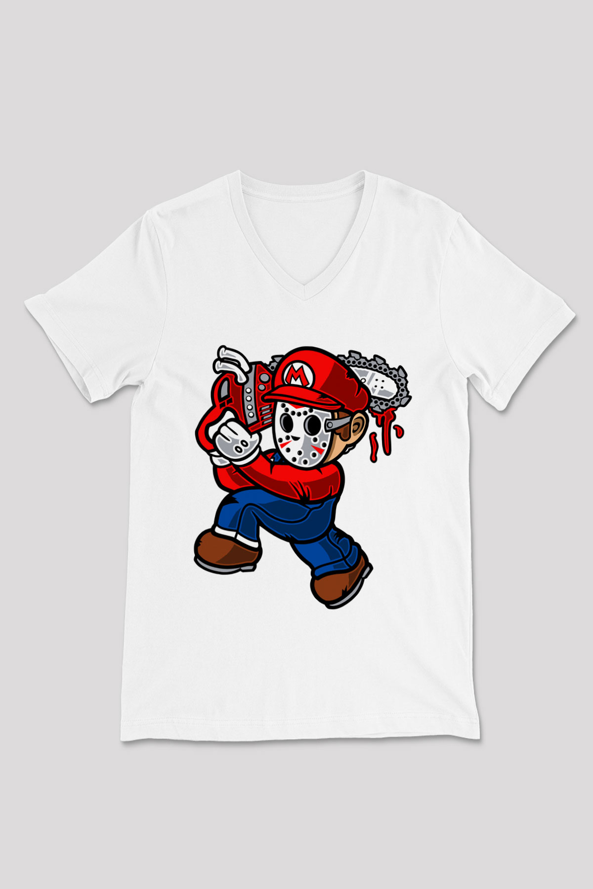 Mario Massacre Baskılı Beyaz Unisex V Yaka Tişört