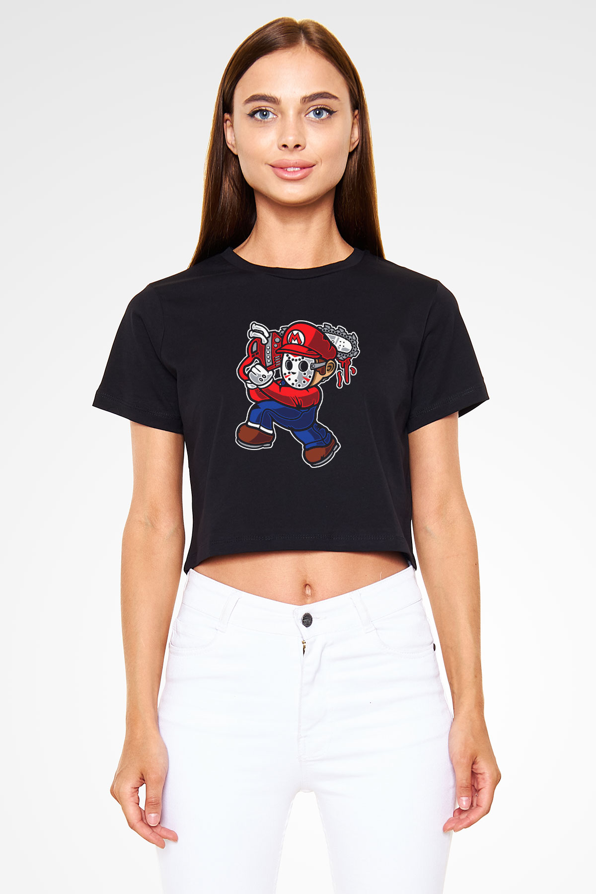 Mario Massacre Baskılı Siyah   Crop Top Tişört