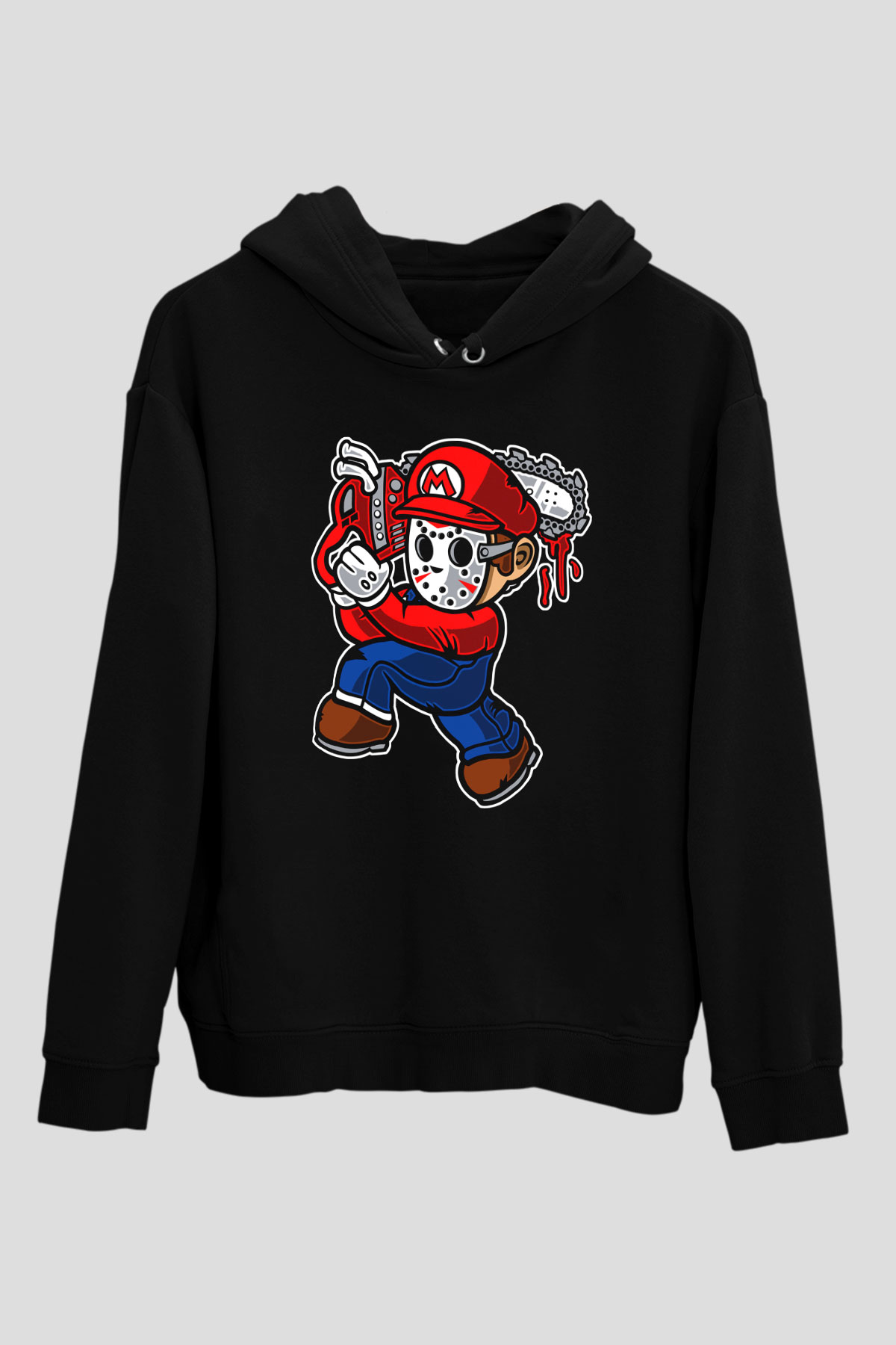 Mario Massacre Baskılı Siyah Unisex Hoodie
