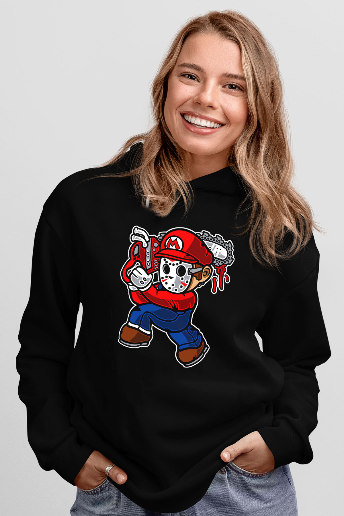 Mario Massacre Baskılı Siyah Unisex Hoodie