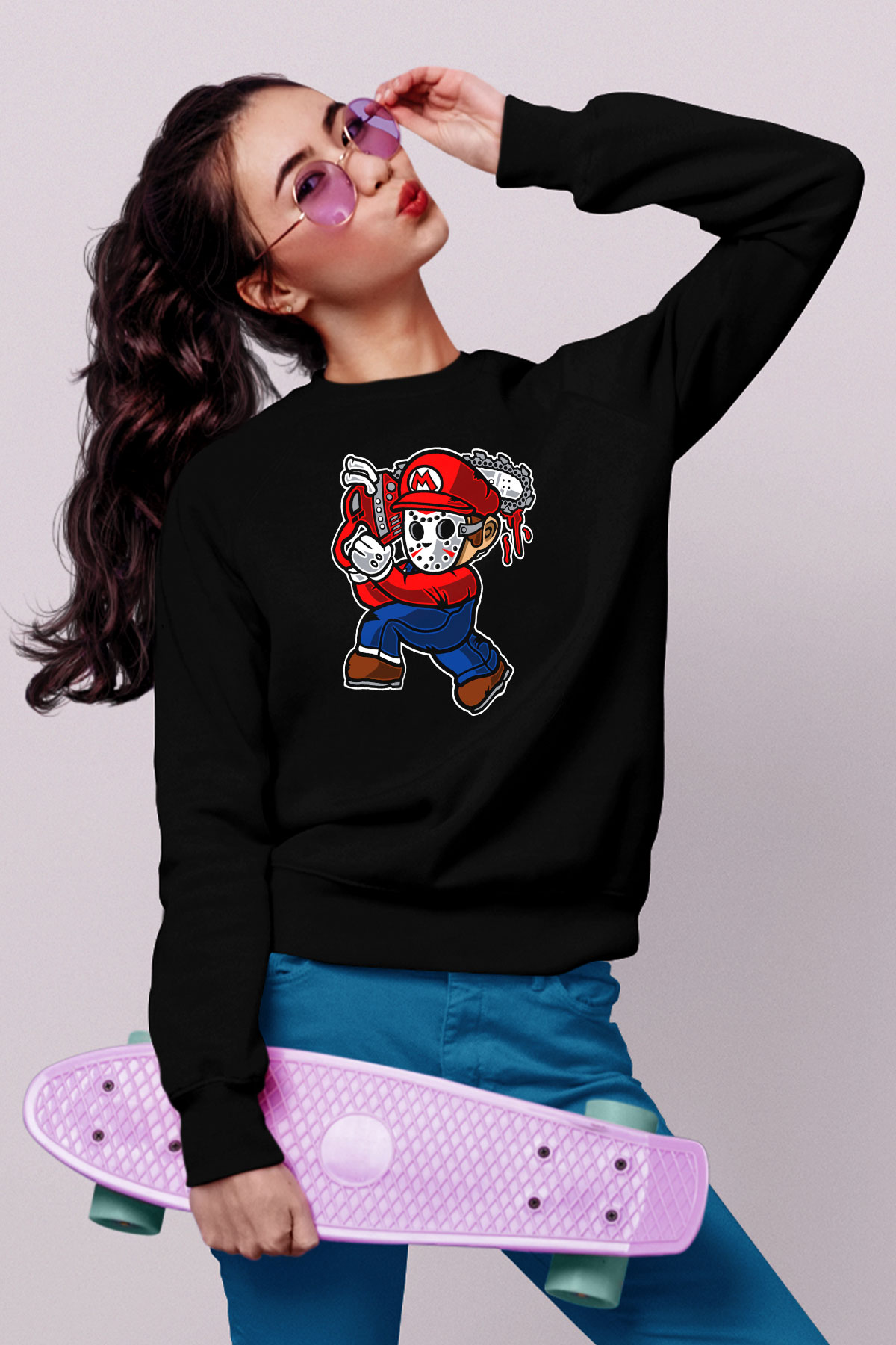 Mario Massacre Baskılı Siyah Unisex Sweatshirt