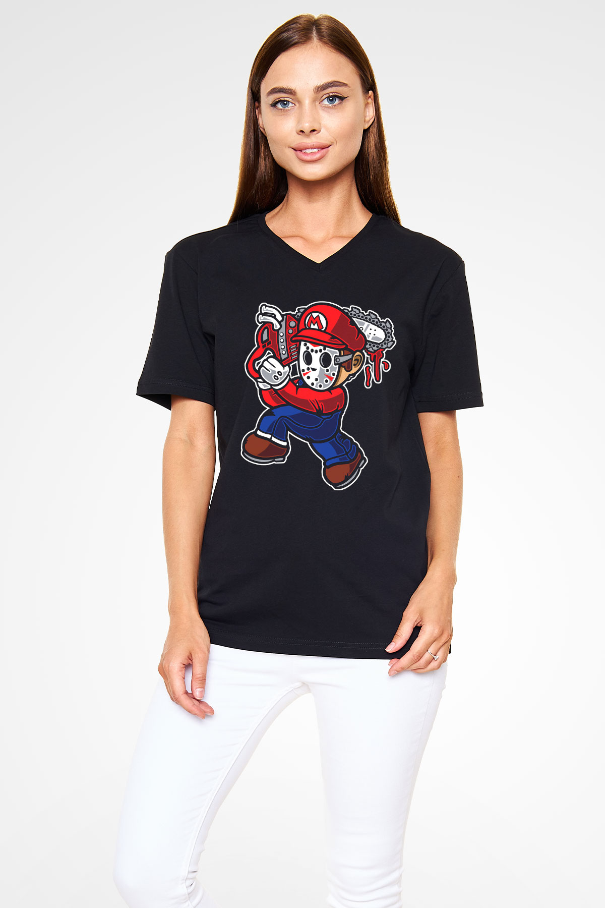 Mario Massacre Baskılı Siyah Unisex V Yaka Tişört