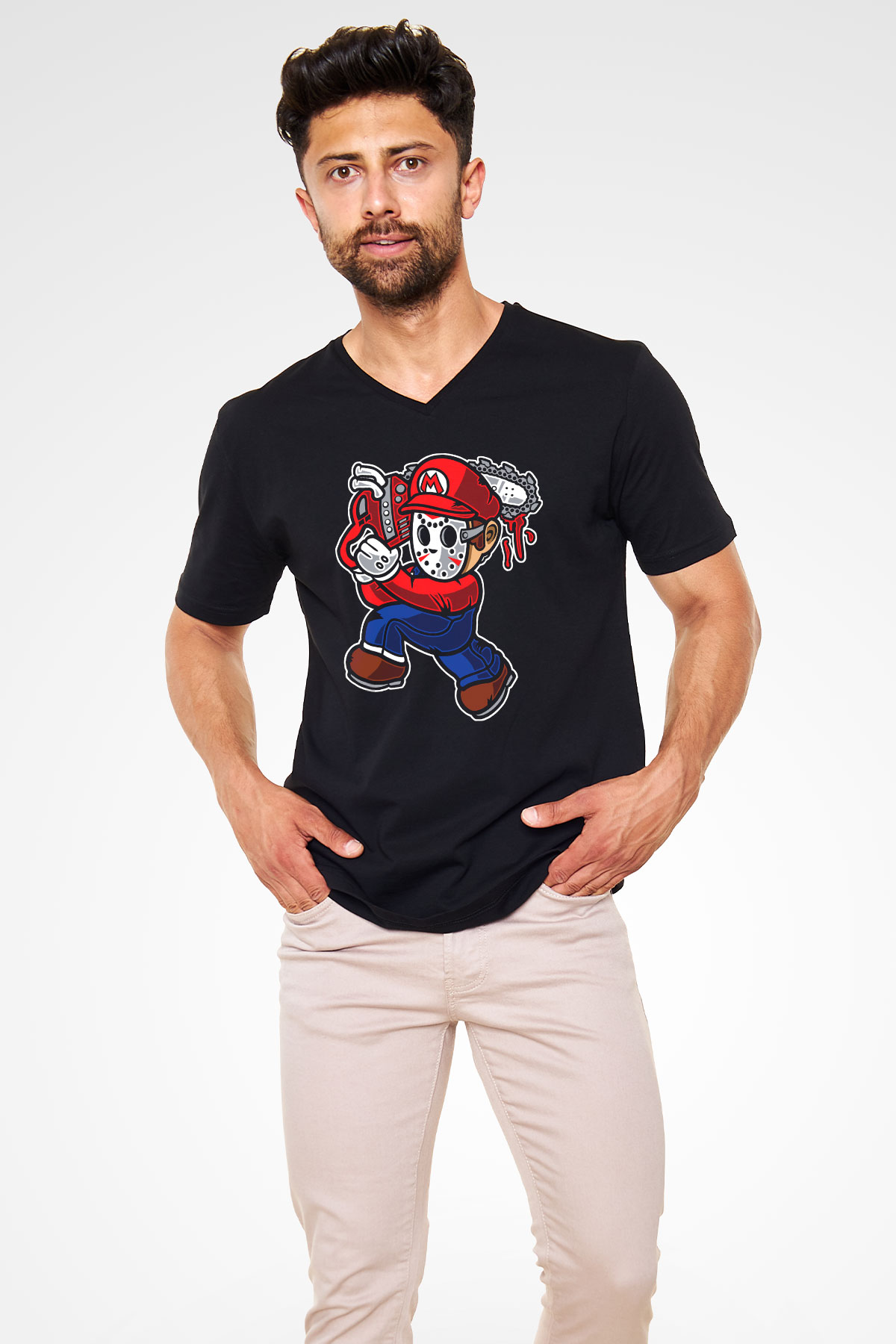 Mario Massacre Baskılı Siyah Unisex V Yaka Tişört