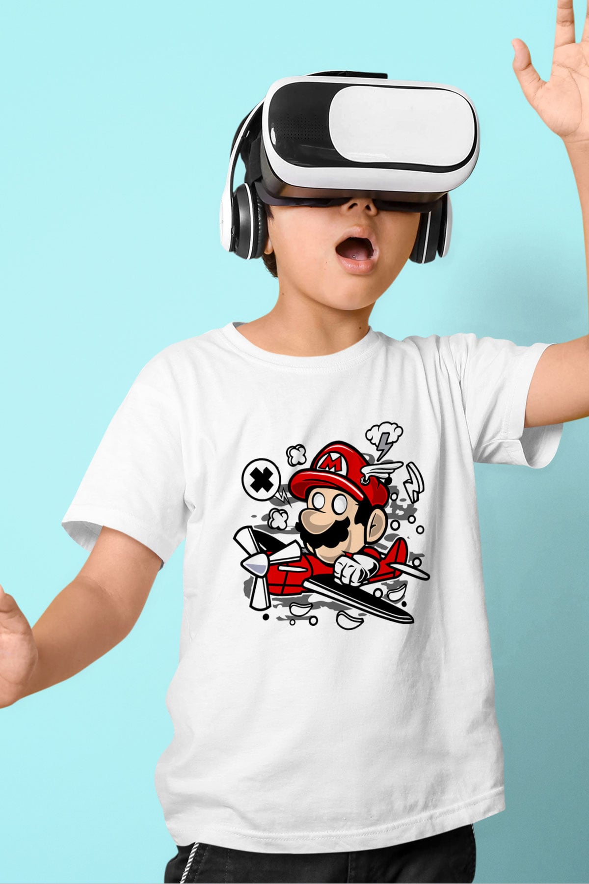 Mario Pilot Baskılı Beyaz Unisex Çocuk Tişört