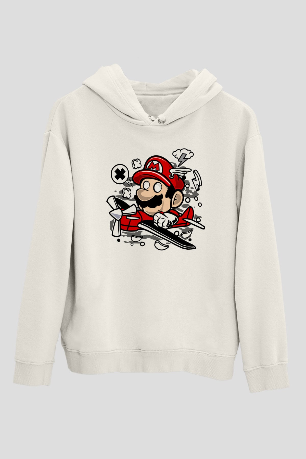 Mario Pilot Baskılı Beyaz Unisex Hoodie