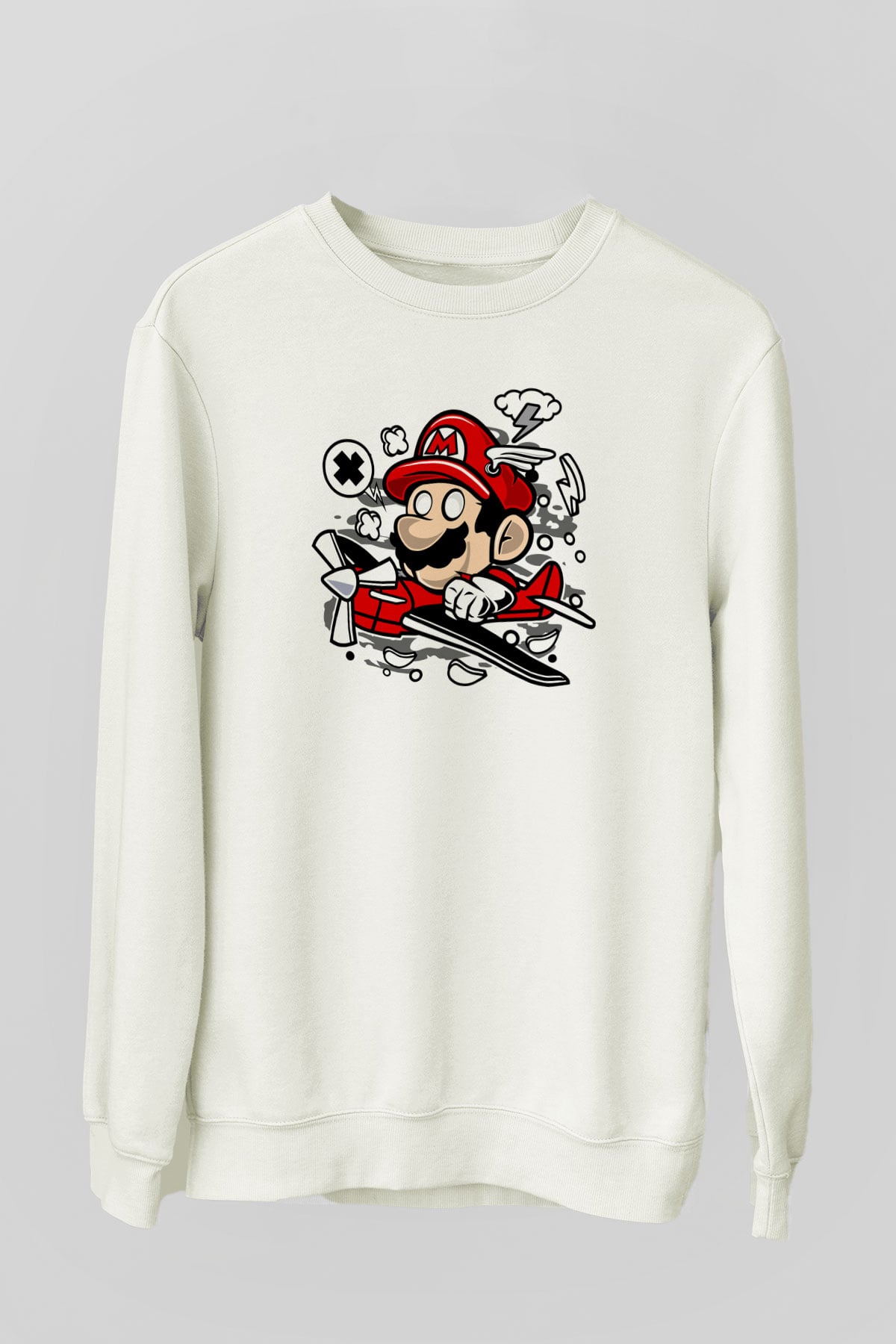 Mario Pilot Baskılı Beyaz Unisex Sweatshirt