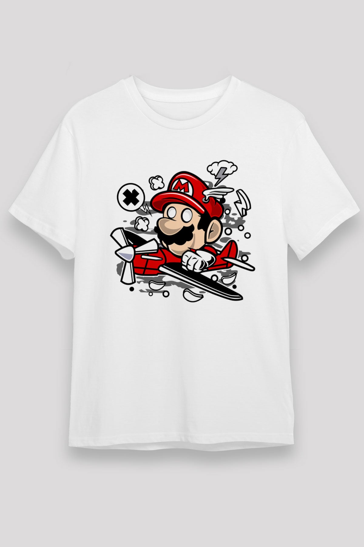Mario Pilot Baskılı Beyaz Unisex Tişört
