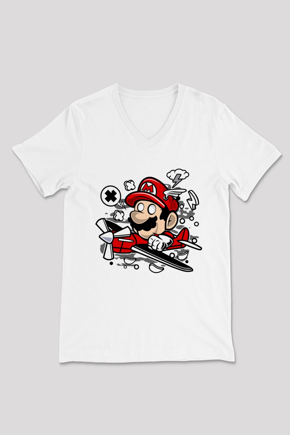 Mario Pilot Baskılı Beyaz Unisex V Yaka Tişört