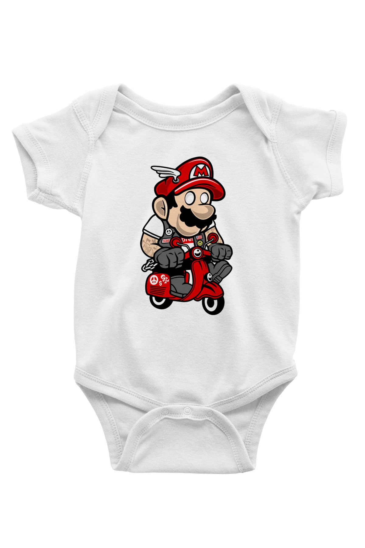 Mario Scooter Baskılı Beyaz Unisex Bebek Body - Zıbın