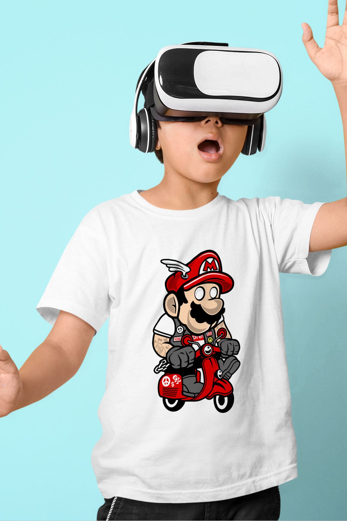 Mario Scooter Baskılı Beyaz Unisex Çocuk Tişört