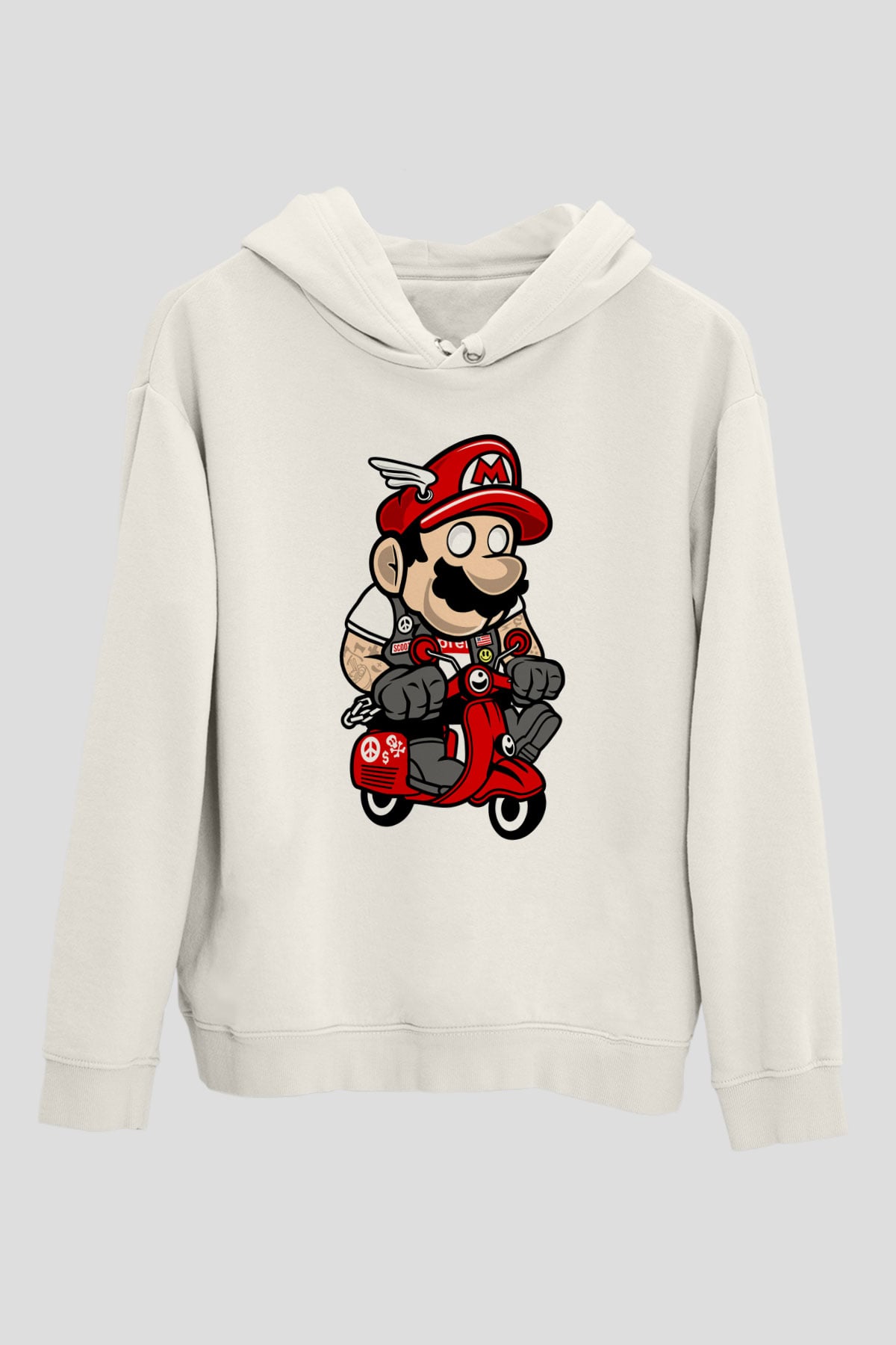 Mario Scooter Baskılı Beyaz Unisex Hoodie