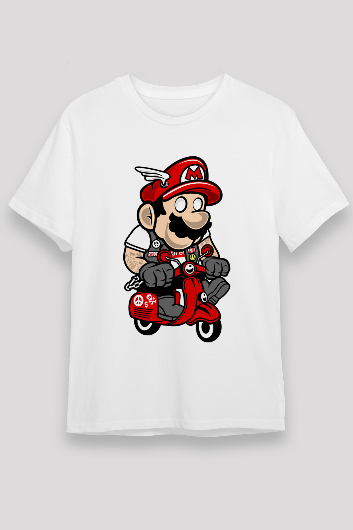 Mario Scooter Baskılı Beyaz Unisex Tişört