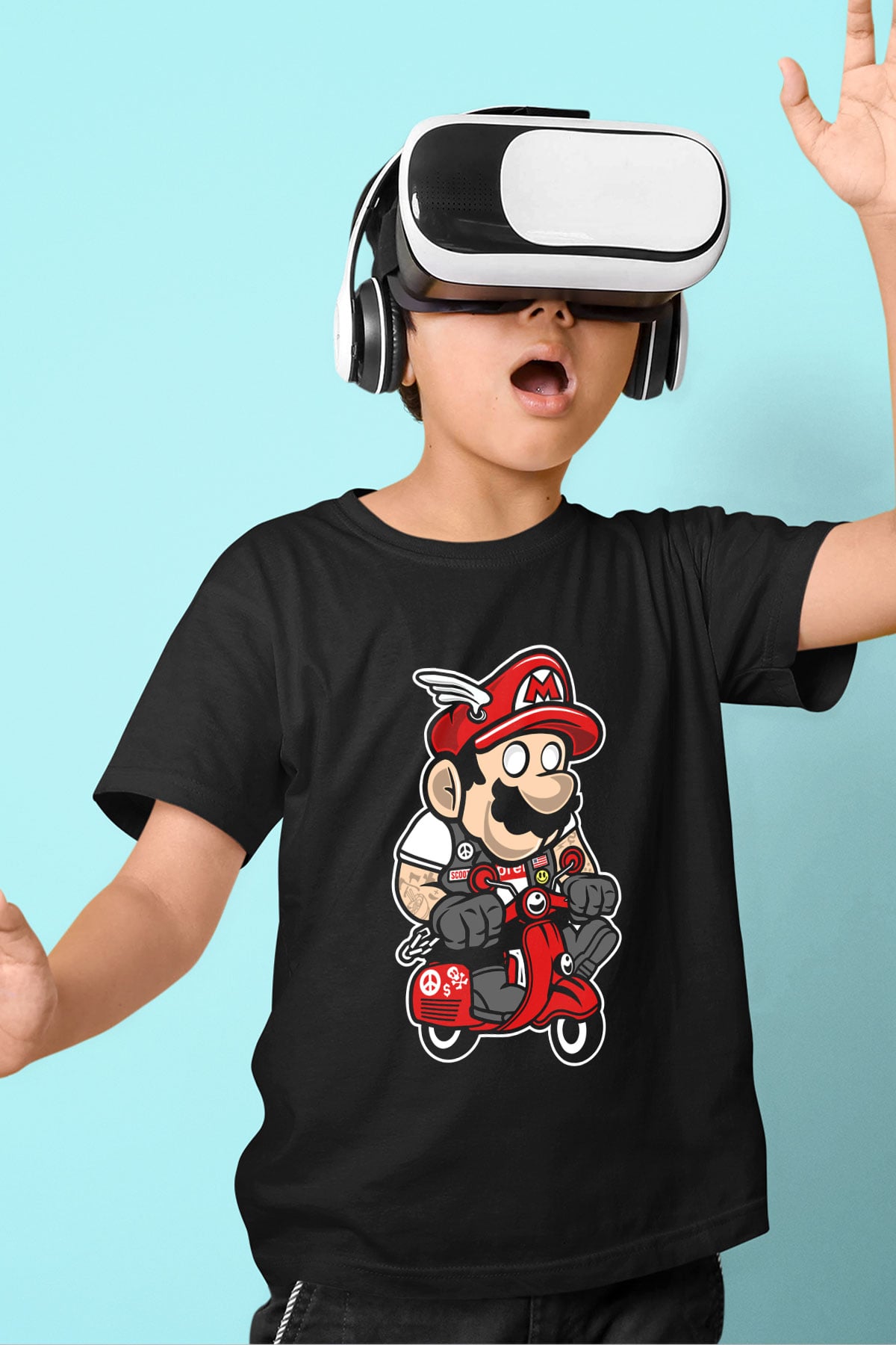 Mario Scooter Baskılı Siyah Çocuk Unisex Tişört