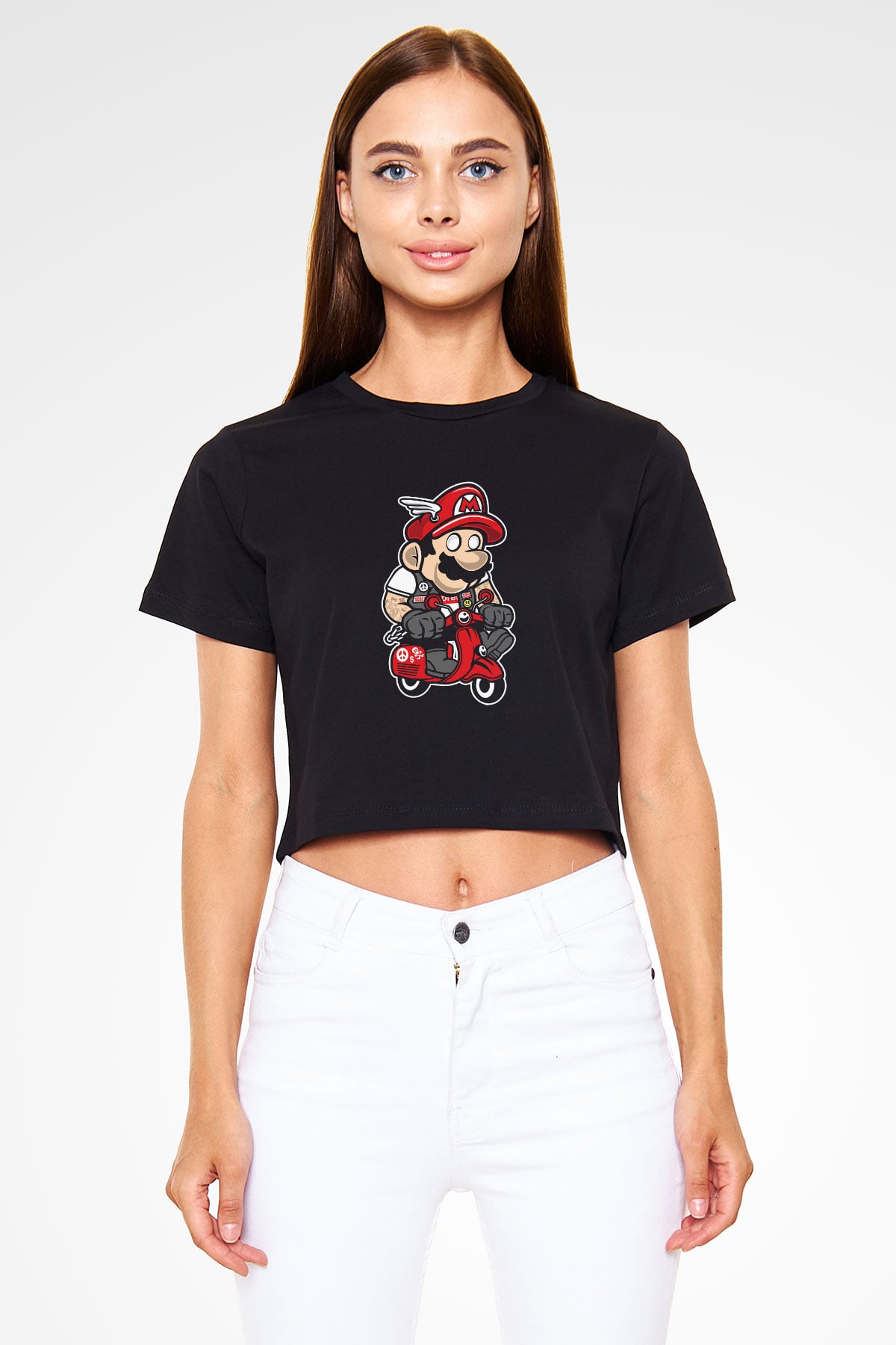 Mario Scooter Baskılı Siyah Kadın Crop Top Tişört