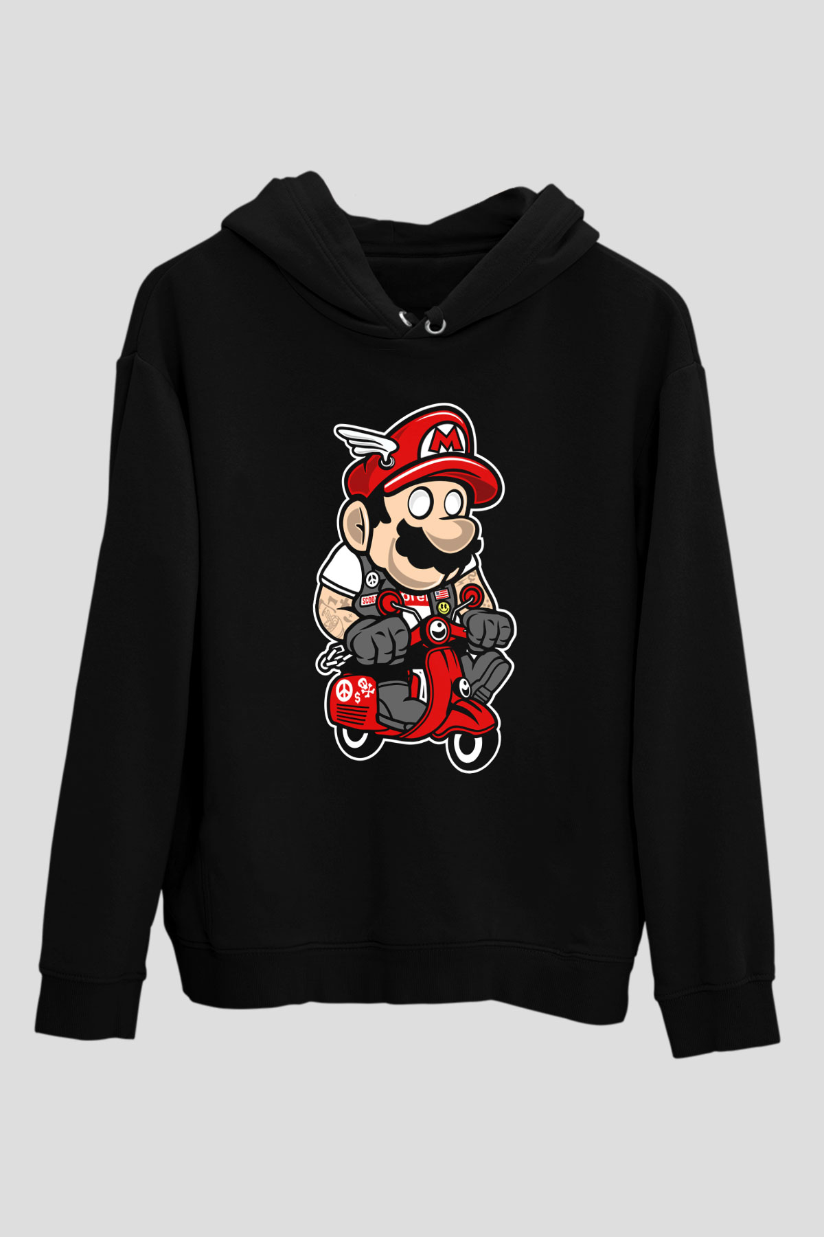 Mario Scooter Baskılı Siyah Unisex Hoodie