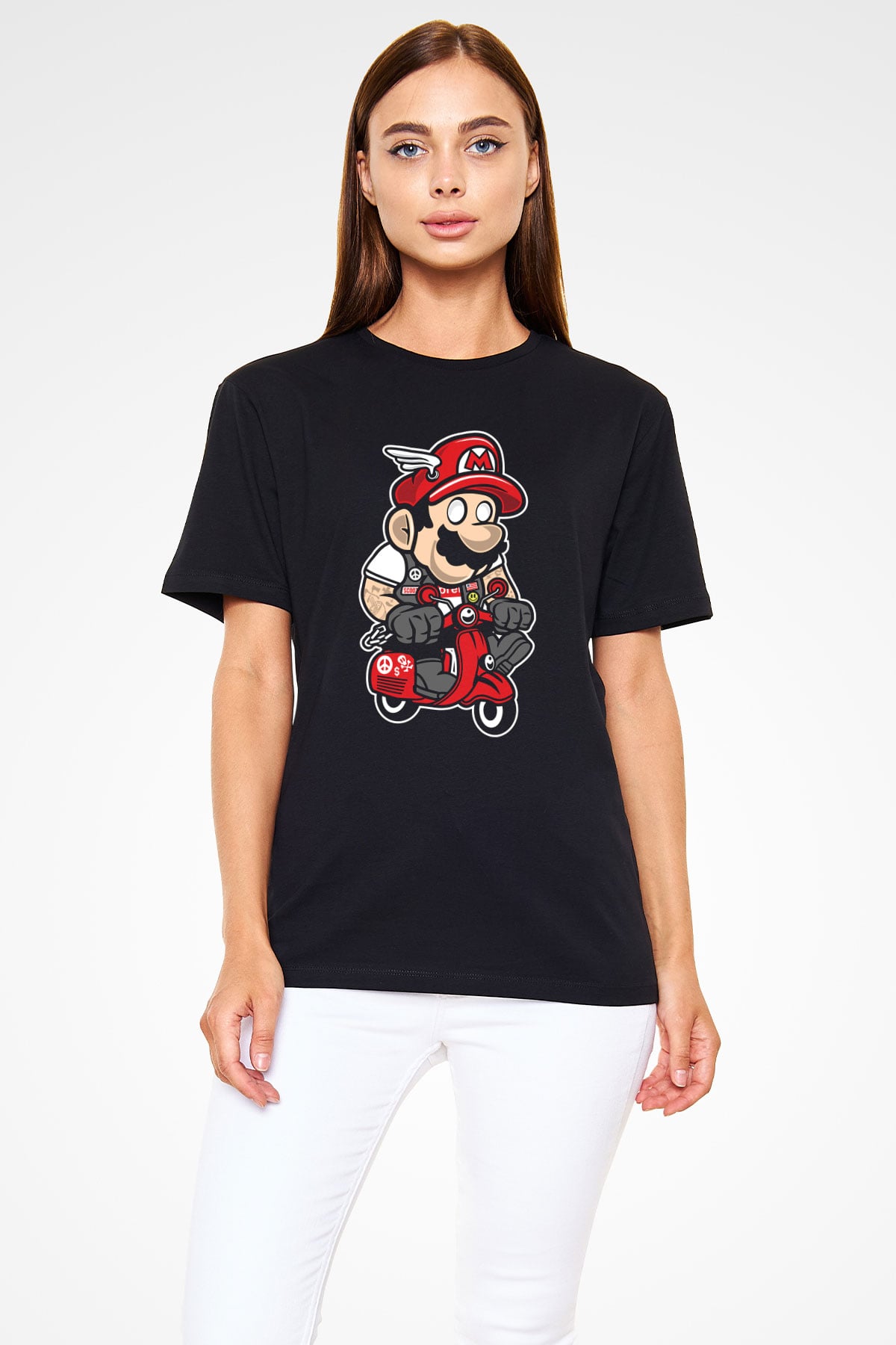 Mario Scooter Baskılı Siyah Unisex Tişört