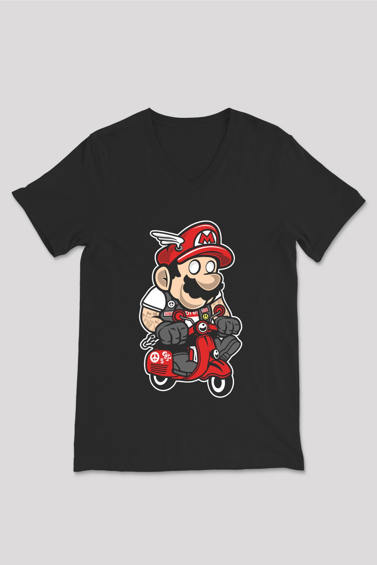 Mario Scooter Baskılı Siyah Unisex V Yaka Tişört