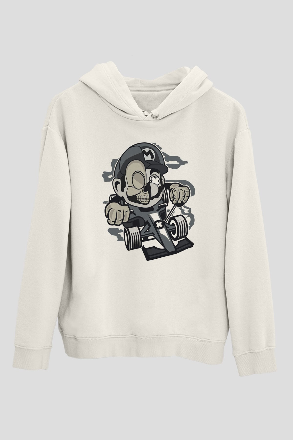 Mario Skull Karting Racer Baskılı Beyaz Unisex Hoodie