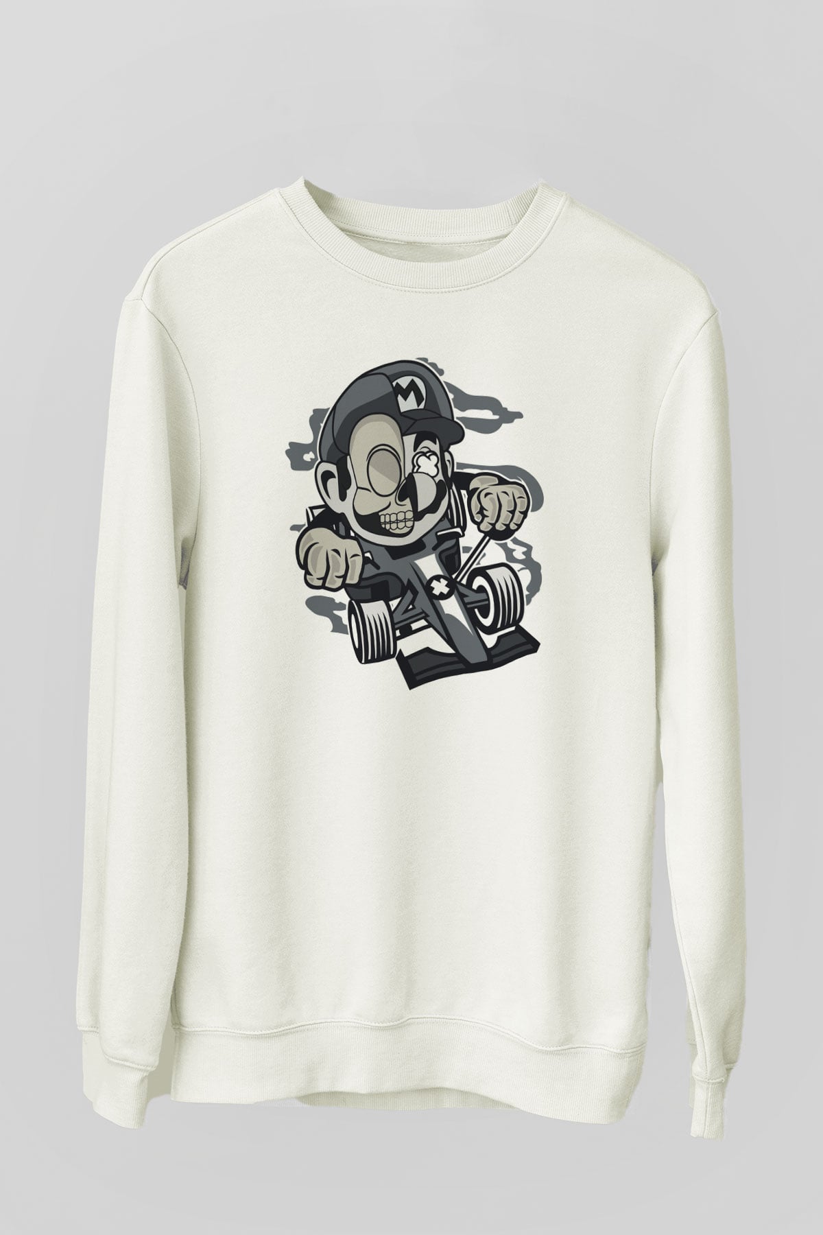 Mario Skull Karting Racer Baskılı Beyaz Unisex Sweatshirt